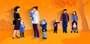 Un groupe diversifié de parents avec de jeunes enfants se promenant à l'extérieur.