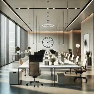 DALL·E 2024-12-02 10.48.12 - A modern empty office space with sleek, minimalistic design. The room features large floor-to-ceiling windows letting in natural light, open desks wit