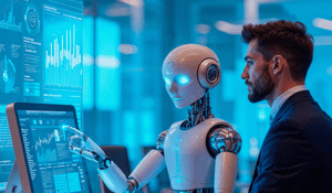 Homme et agent IA collaborant dans un environnement de travail moderne