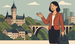 Illustration d’une professionnelle présentant Luxembourg, avec le pont Adolphe, un bâtiment historique et la ville en arrière-plan.