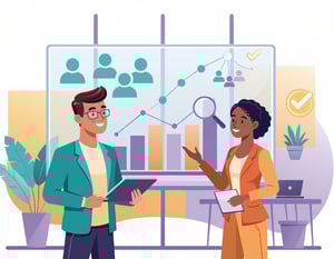 Illustration vectorielle moderne montrant une collaboration étroite entre un directeur financier et un directeur des ressources humaines. Ils analysent ensemble un tableau de bord combinant des profils humains et des graphiques financiers, symbolisant la transformation des données RH en actifs financiers auditables selon la norme ESRS S1 de la directive CSRD.