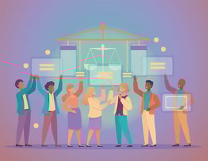 Illustration vectorielle panoramique et dynamique montrant des experts RH construisant ensemble une structure symbolisant l'équité et la transparence salariale, illustrant la conformité des entreprises au Luxembourg.