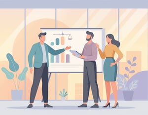 Illustration vectorielle chaleureuse et moderne d'une équipe RH collaborant autour d'un tableau d'analyse de données. La scène illustre l'intégration de la transparence salariale et de l'équité au cœur des décisions stratégiques de l'entreprise.