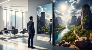 A professional looking into a large office mirror.