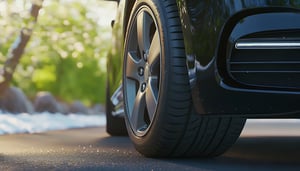Illustration du passage aux pneus été : gros plan sur la gomme d'un pneu premium sous un soleil printanier avec fleurs et neige fondante.